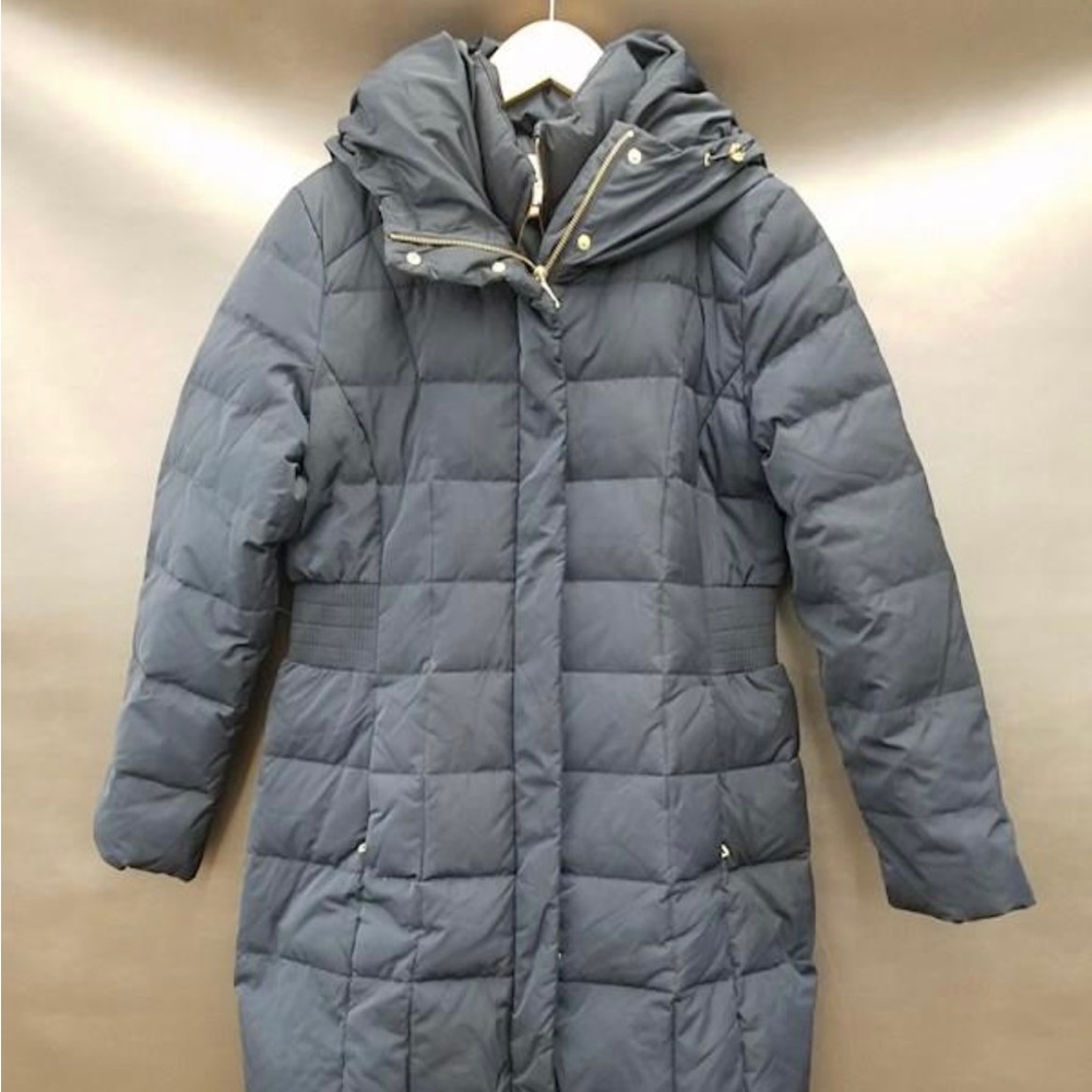 Cole Haan Women’s Hooded Down and Feather Puffer Zip Front Jacket in Navy